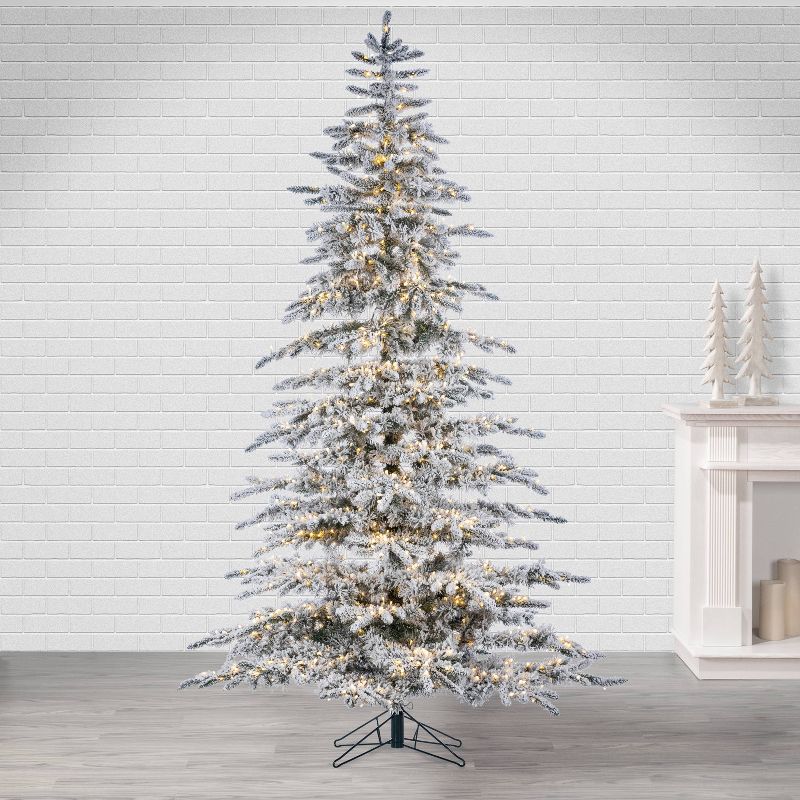 7.5ft Sterling Tree Company Full Flocked Mountain LED Pre-Lit Pine Artificial Christmas Tree