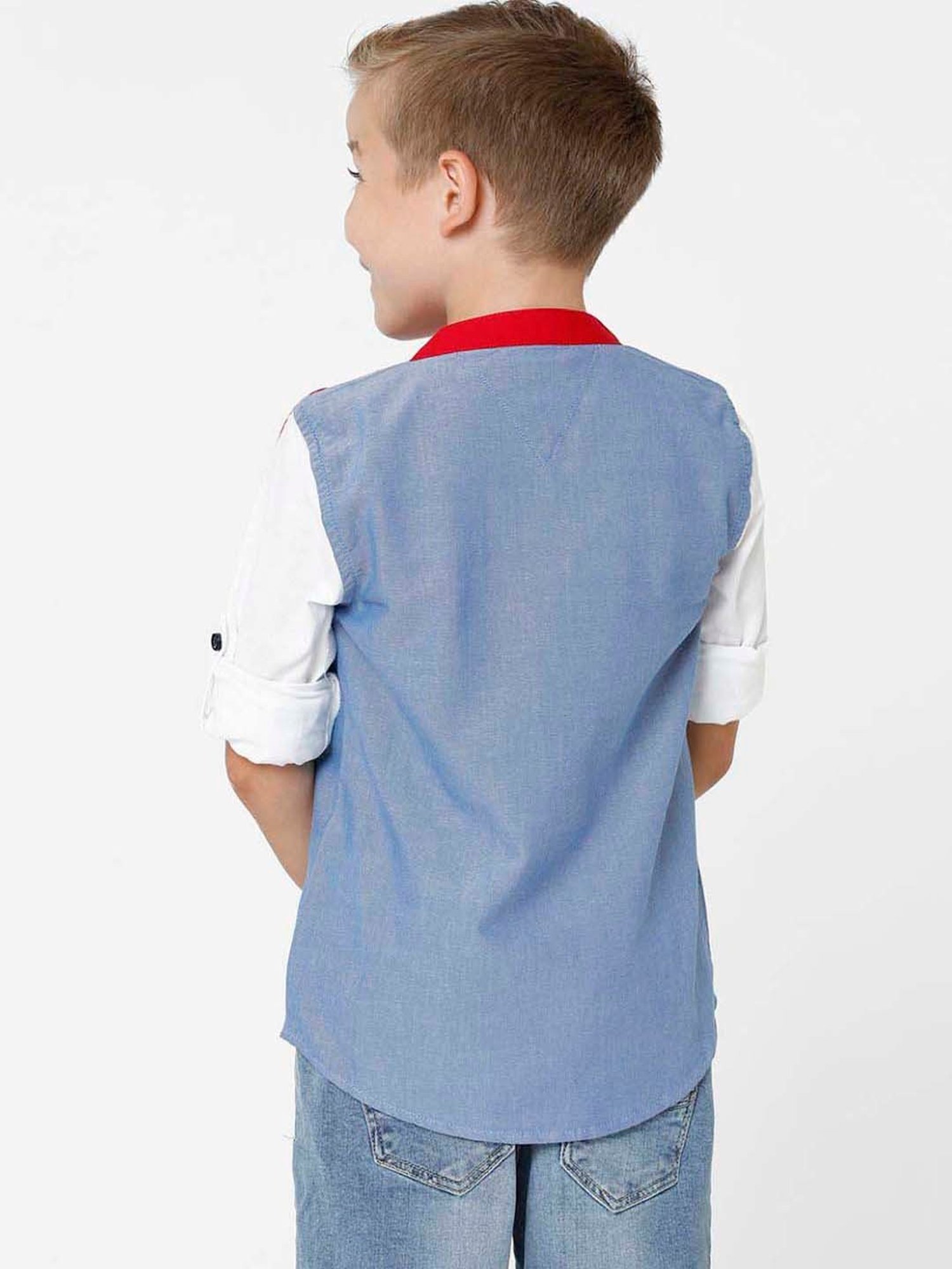 Kate & Oscar Kids Blue & White Cotton Embroidered Full Sleeves Shirt