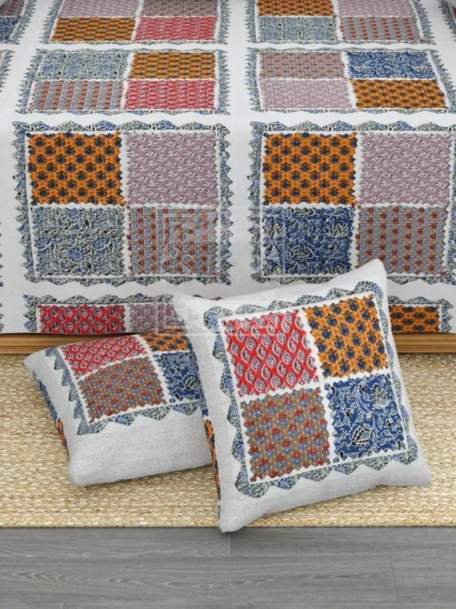 Living Roots Printed Blue 300 TC Cotton Single Diwan - Set of 8
