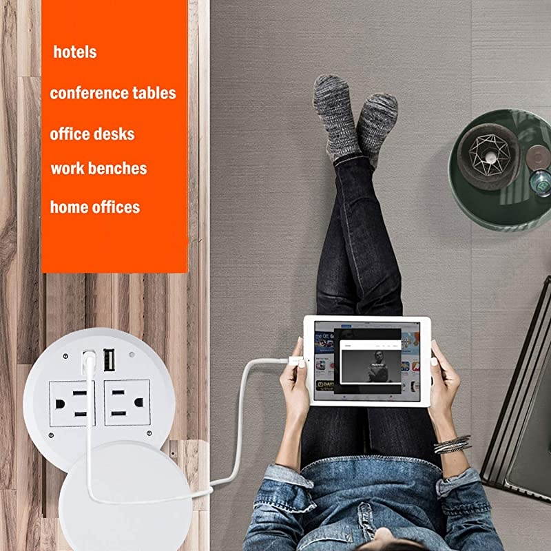 inch Power Grommet with Cover Desktop USB Grommet 4A Port Desk Furniture ETL Listed Recessed Power Grommet with 2 AC Outlets 69ft Cord