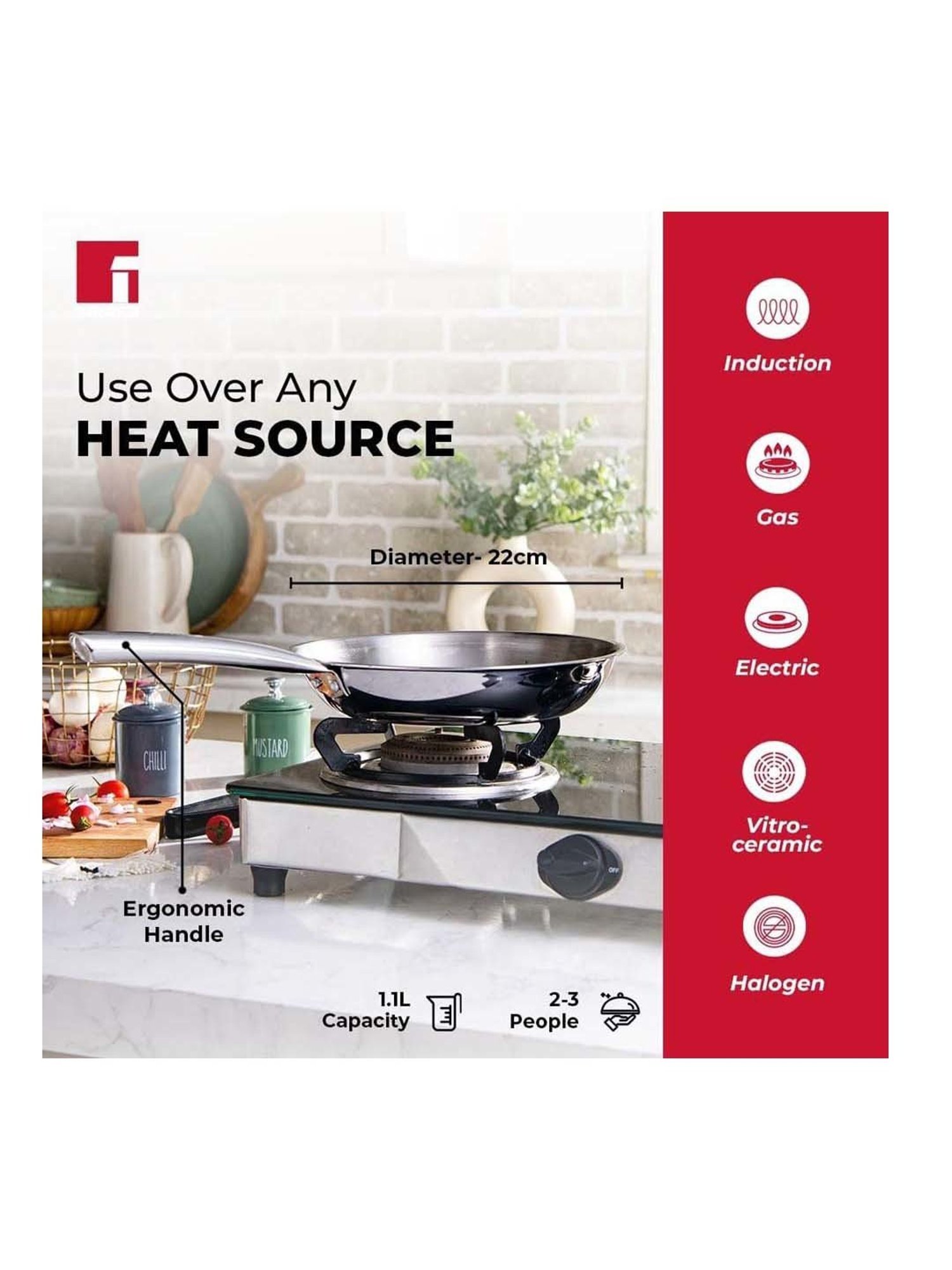 Bergner Tripro Silver Stainless Steel 22 cm Induction Friendly Triply Frypan & Skillet (1.1 L)