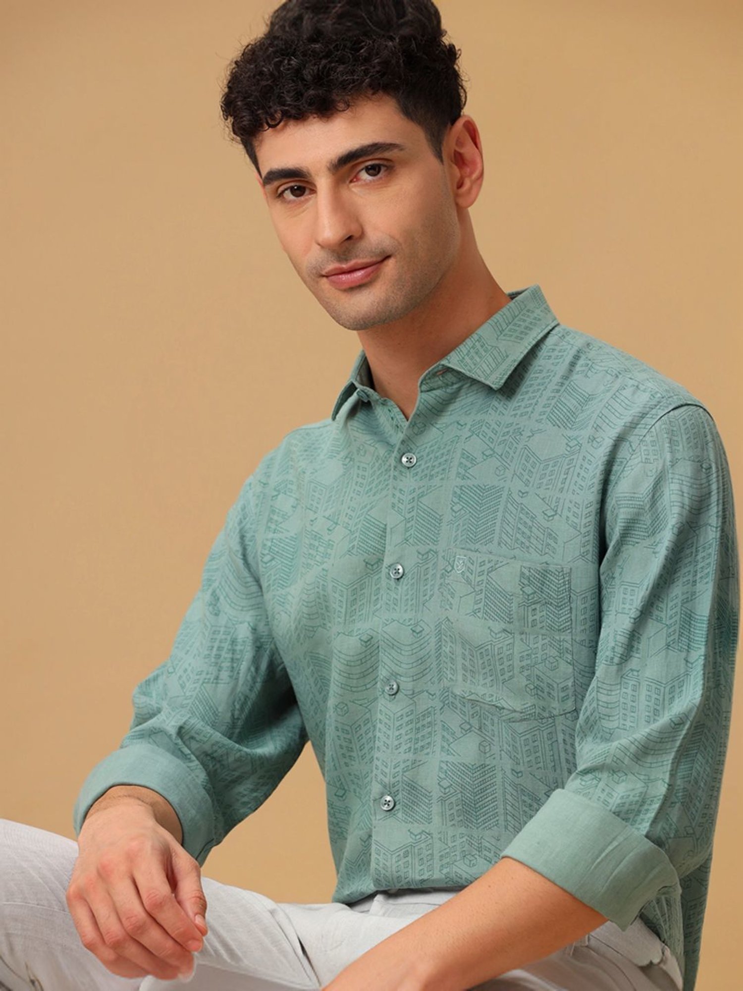 Linen Club Green Linen Contemporary Fit Printed Shirt