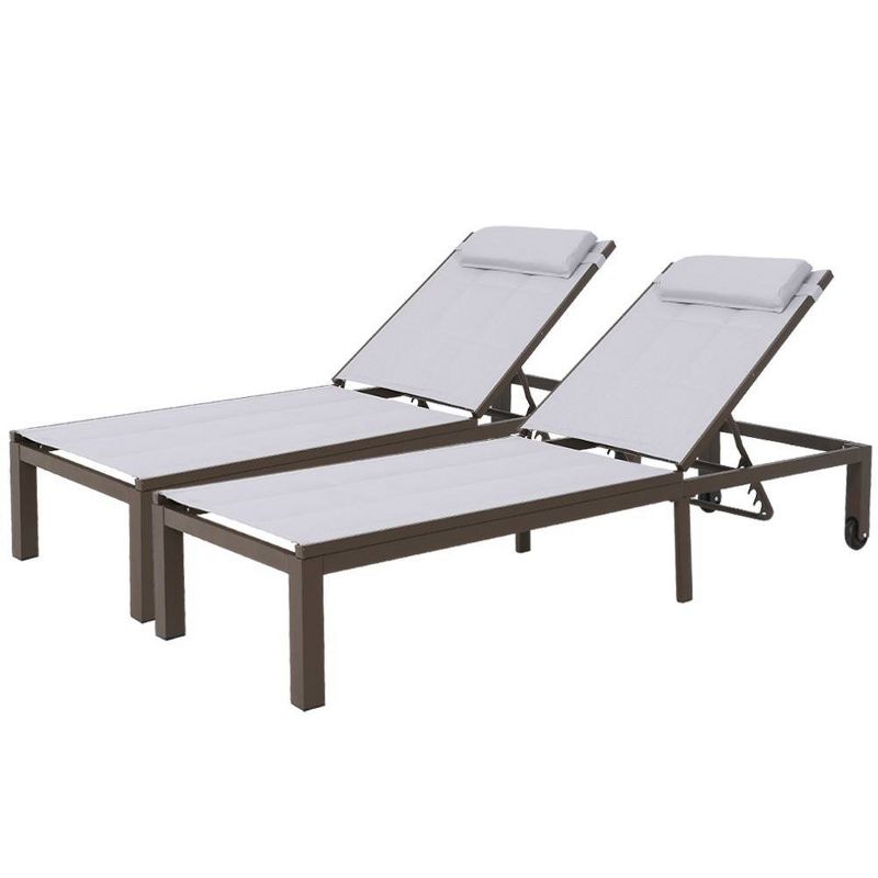 2pc Outdoor Adjustable Quilted Chaise Lounge Chairs with Wheels - Light Gray - Crestlive Products