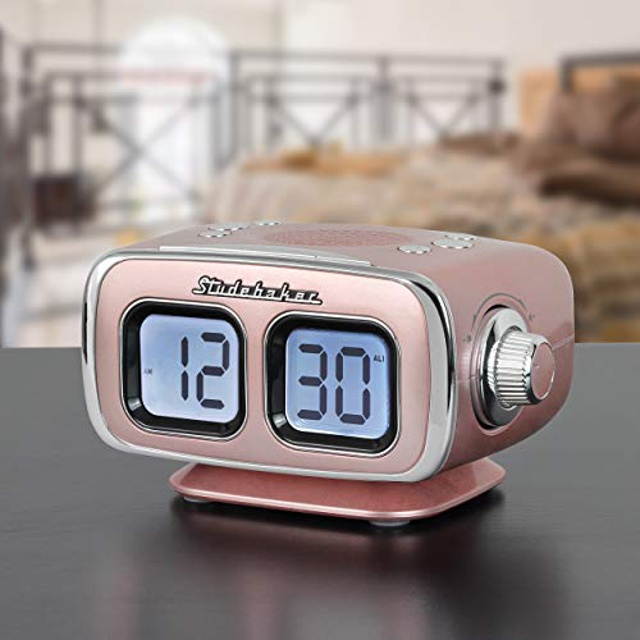 Large Display LCD AM/FM Retro Clock Radio USB Bluetooth Aux-in Bedroom Kitchen Counter Small Footprint SB3500 (Rose Gold)