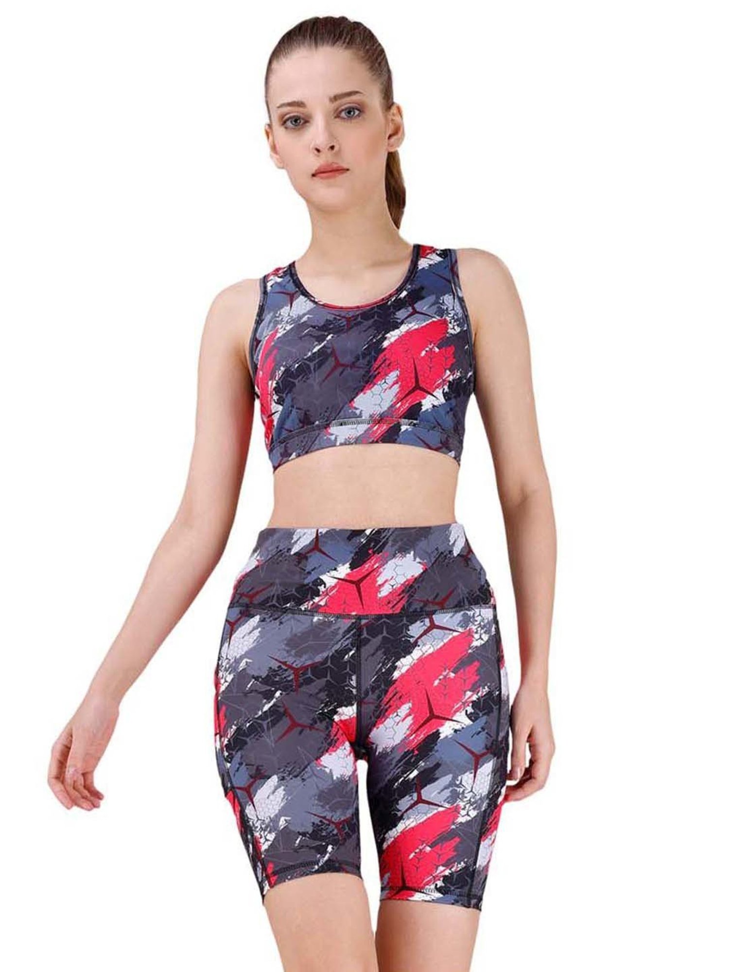 Soie Grey & Red Printed Sports Bra Shorts Set