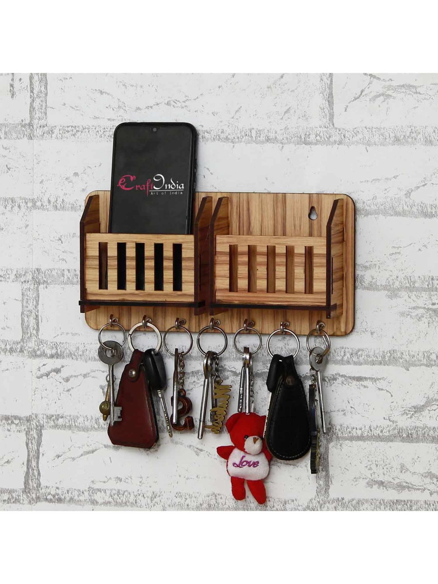 eCraftIndia Multiutility 7 Hooks Wooden Mobile Holder and KeyHolder