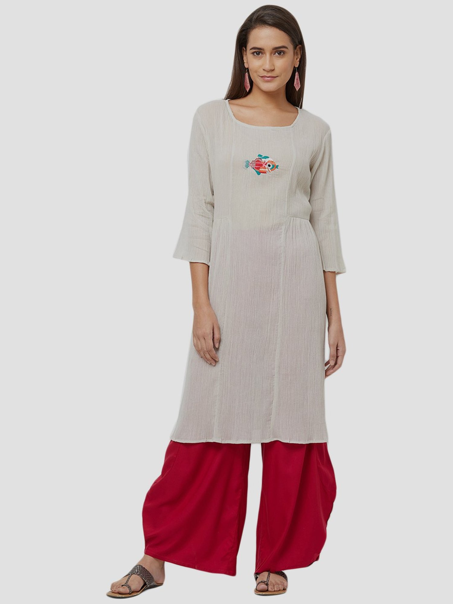 Fusion Beats Light Grey Embroidered A Line Kurta