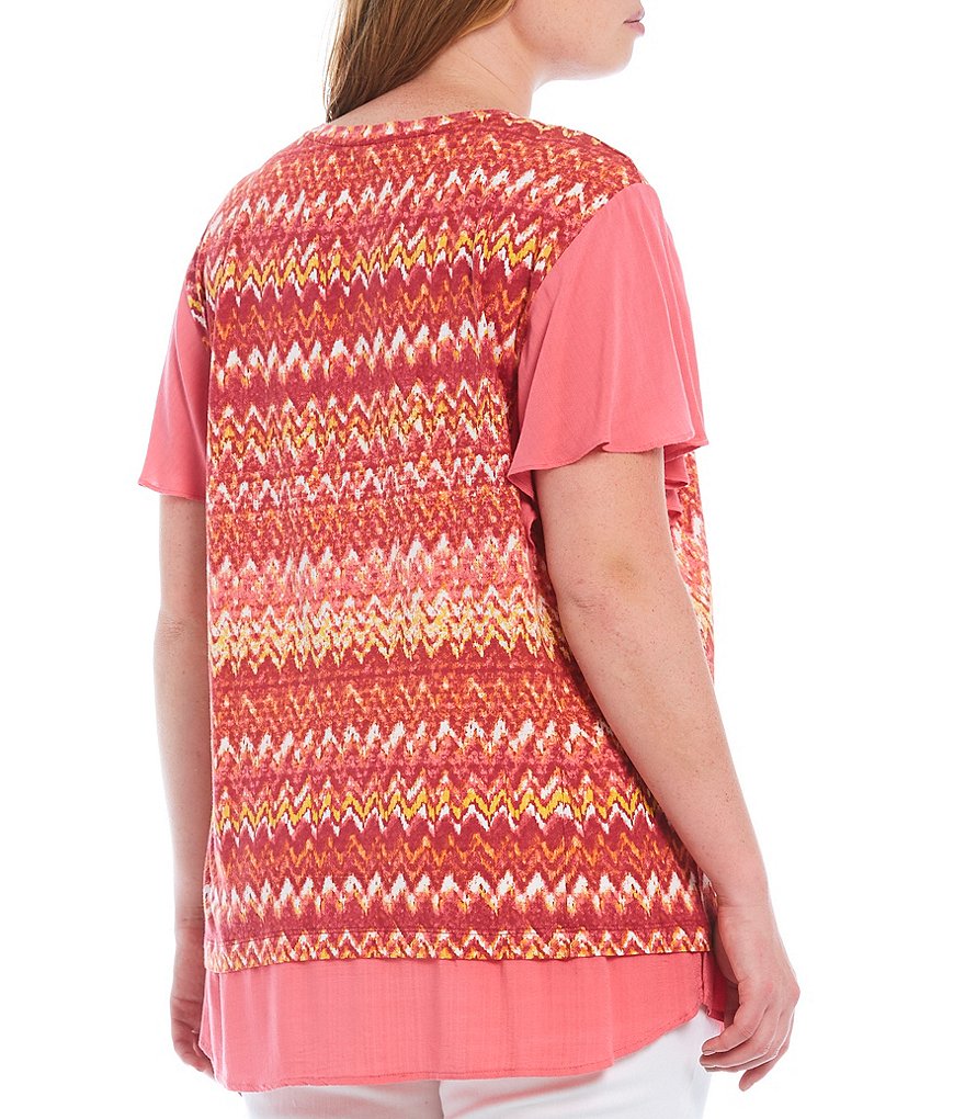 Westbound Plus Size Hazy Stripe Mixed Media Jewel Neck Flutter Short Sleeve Top