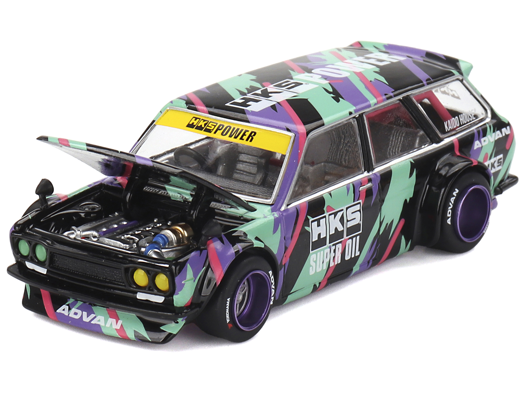Datsun 510 Wagon RHD (Right Hand Drive) "HKS V1" Black with Graphics (Designed by Jun Imai) "Kaido House" Special 1/64 Diecast Model Car by Mini GT