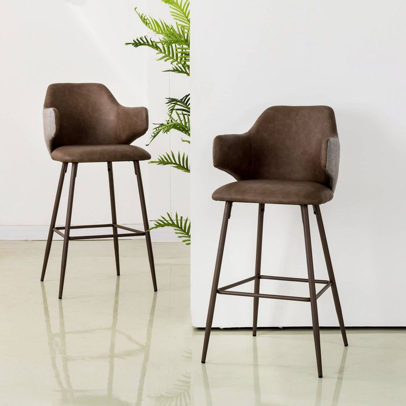 Set of 2 Mixing Leatherette Gray Fabric Barstools Dark Brown - Glitzhome