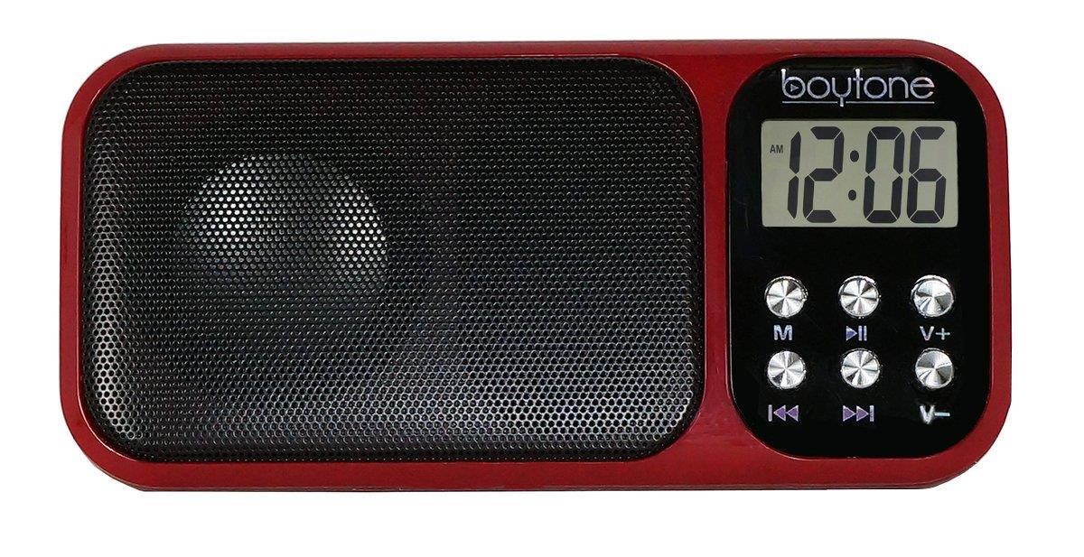 Boytone BT-92R Portable FM Transistor Radio Alarm Clock with Earphones, Rechargeable Battery, Built-in Speaker, Countdown Timer, LCD Tuning & Carry Strap + USB, Micro SD Slot, AUX, LED Flash Light