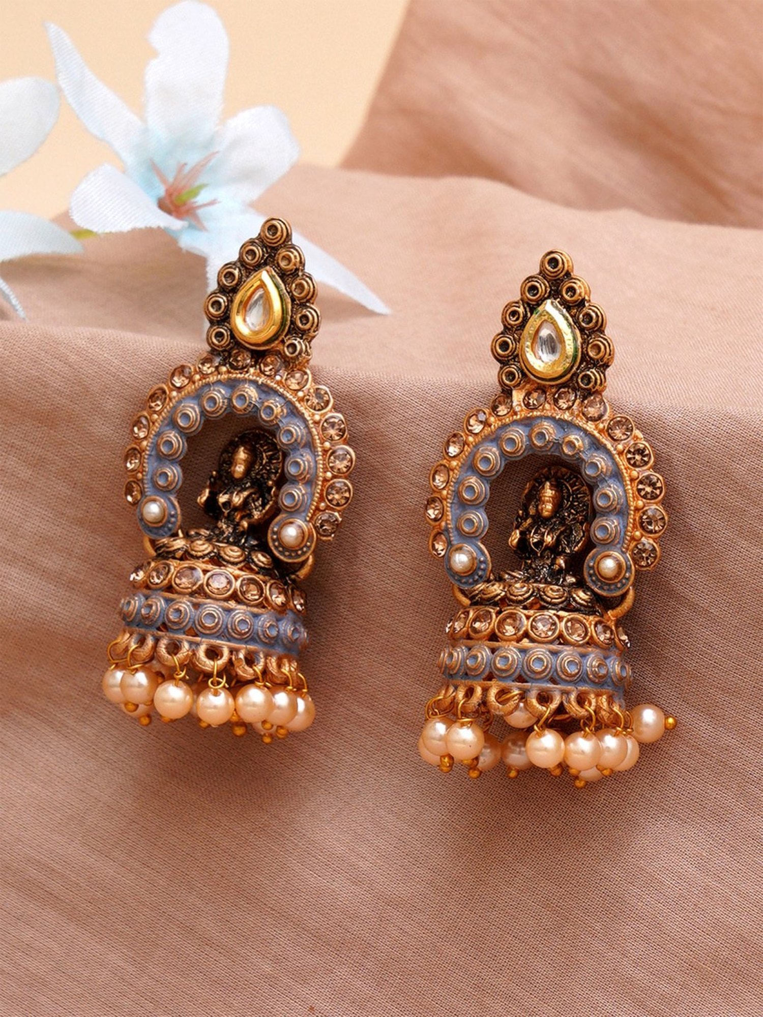Karatcart Gold-Plated Grey Mata Laxmi Jhumki Earrings