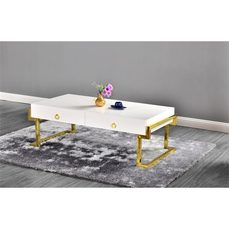 Juneau Modern Poplar Wood Coffee Table in White/Gold Lacquer - Best Master Furniture