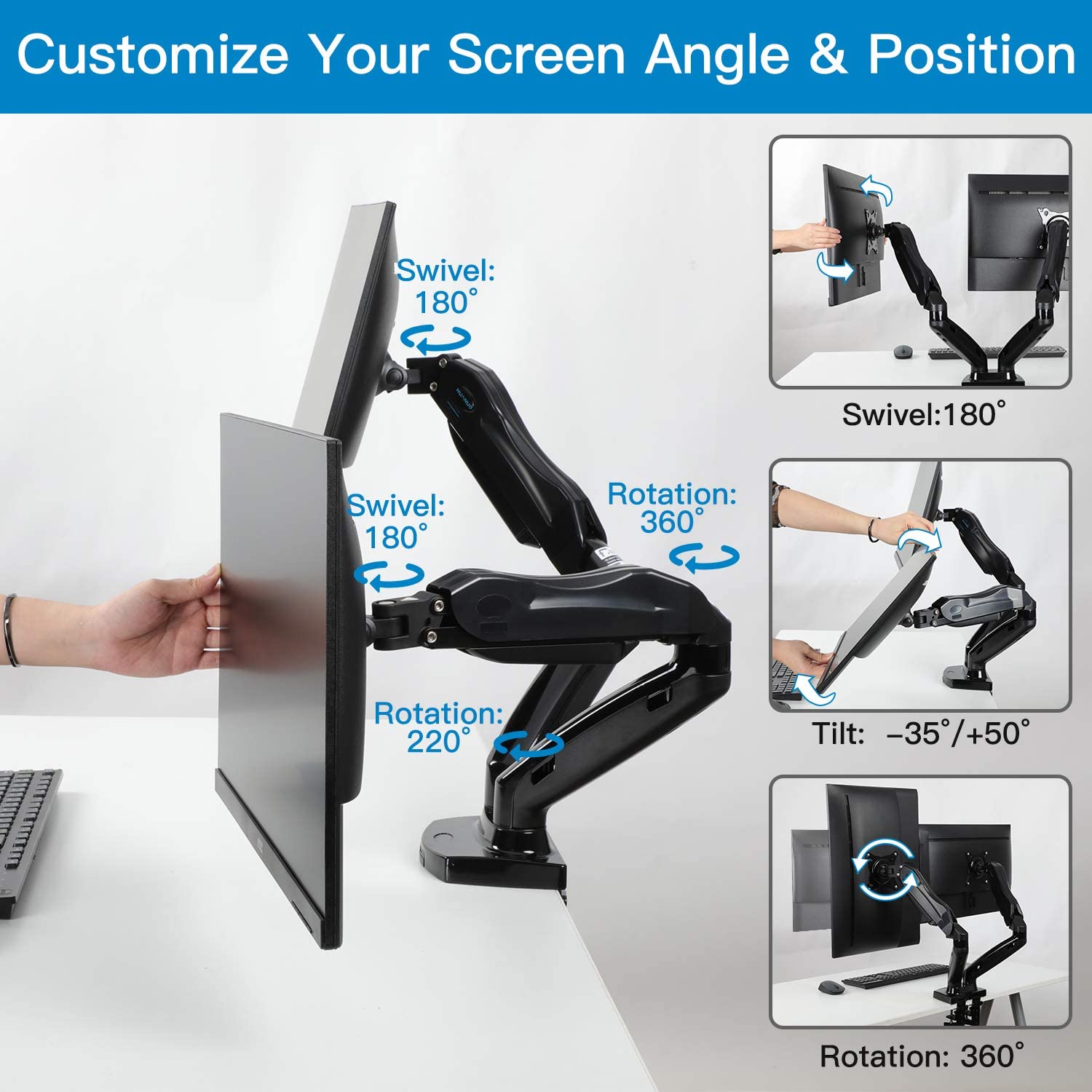 Dual Monitor Stand - Adjustable Spring Monitor Desk Mount Swivel Vesa Bracket with C Clamp, Grommet Mounting Base for 17 to 27 Inch Computer Screens - Each Arm Holds 4.4 to 14.3lbs