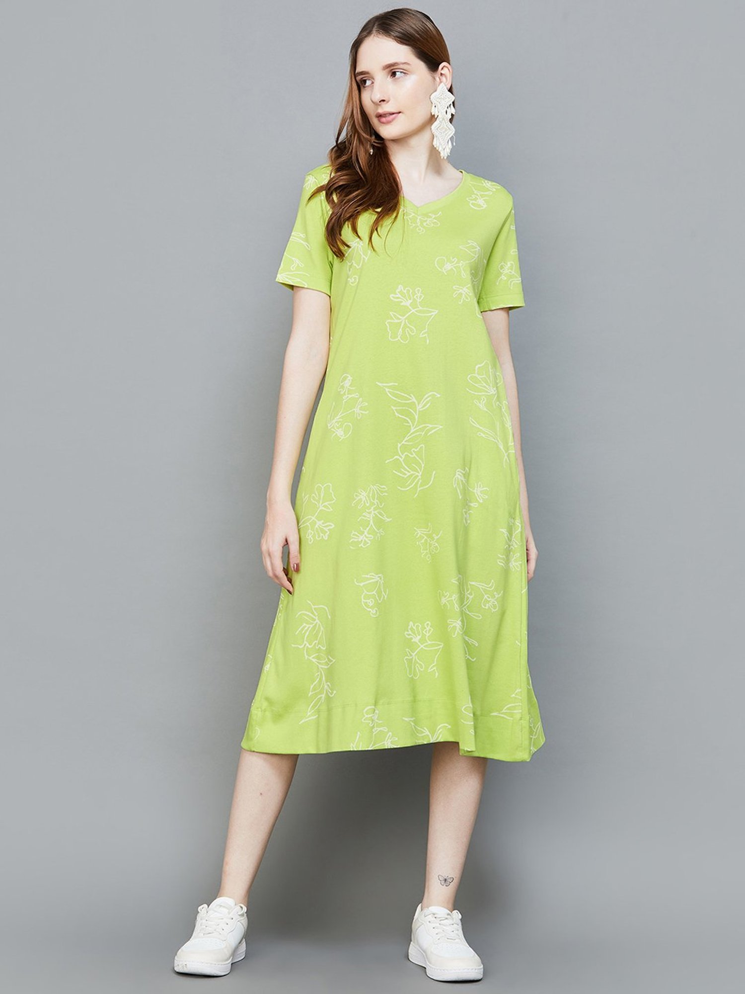 Colour Me by Melange Lime Green Cotton Printed Shift Dress