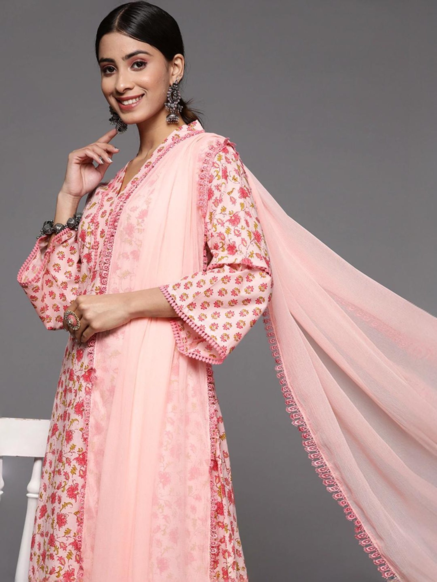 Varanga Pink Cotton Floral Print Kurta Pant Set With Dupatta