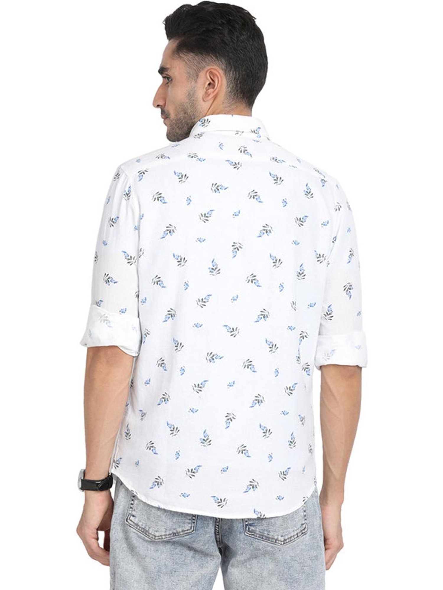 Turtle White Cotton Linen Slim Fit Printed Shirts