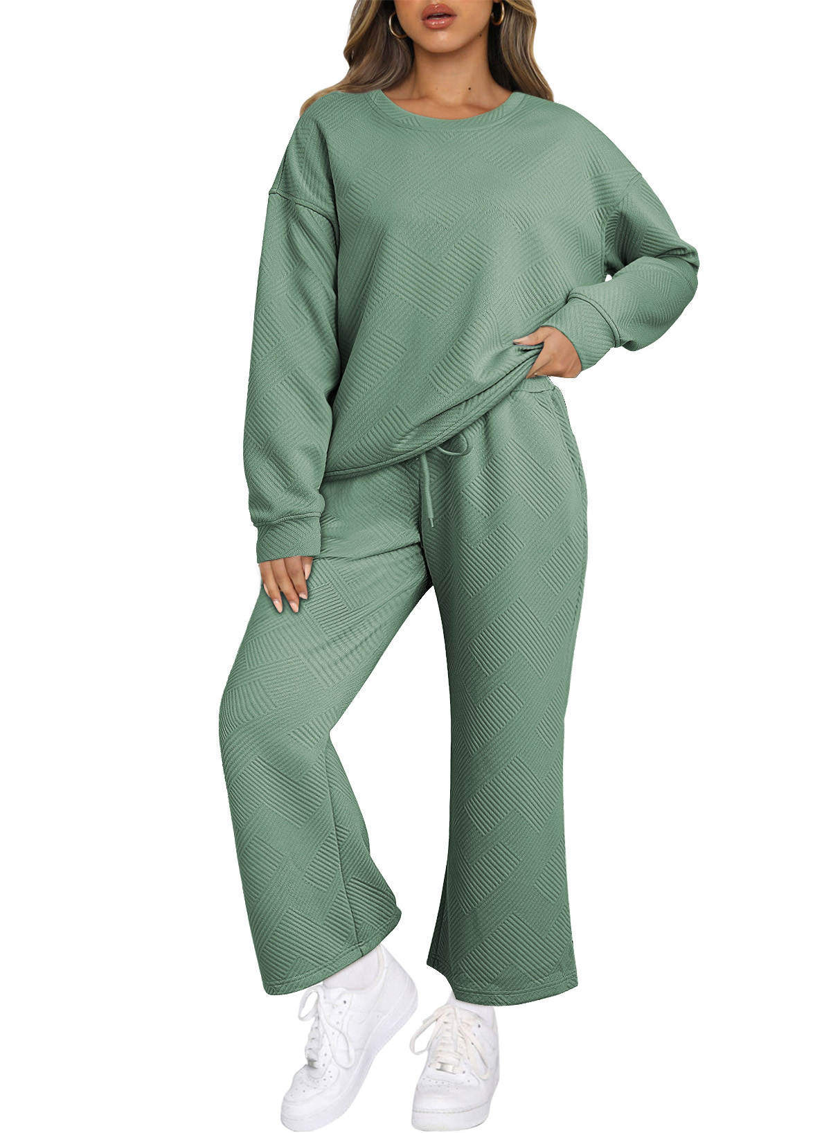 Green Solid Color Quilted Long Sleeve Top and Wide Leg Pants Set