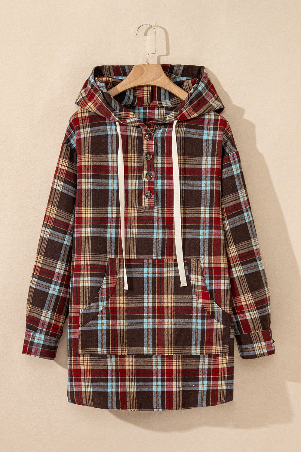 Red Plus Size Plaid Kangaroo Pocket Drawstring Hoodie