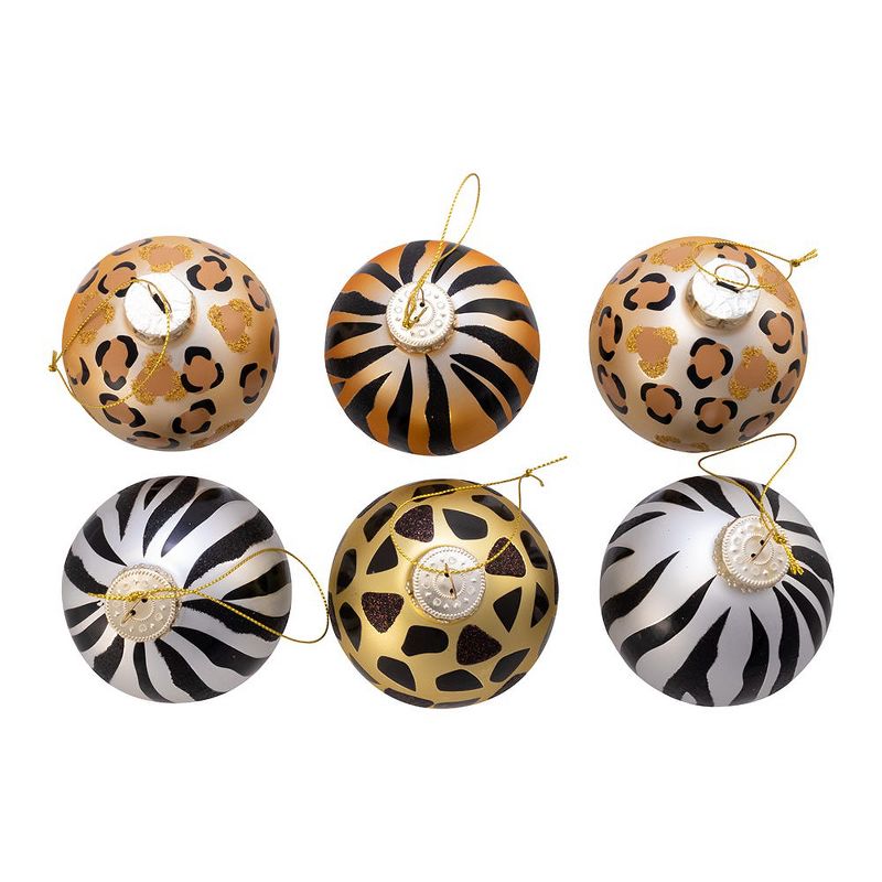 Kurt Adler 80MM Gold, Silver and Black Animal Glass Ball Ornaments, 6 Piece Box