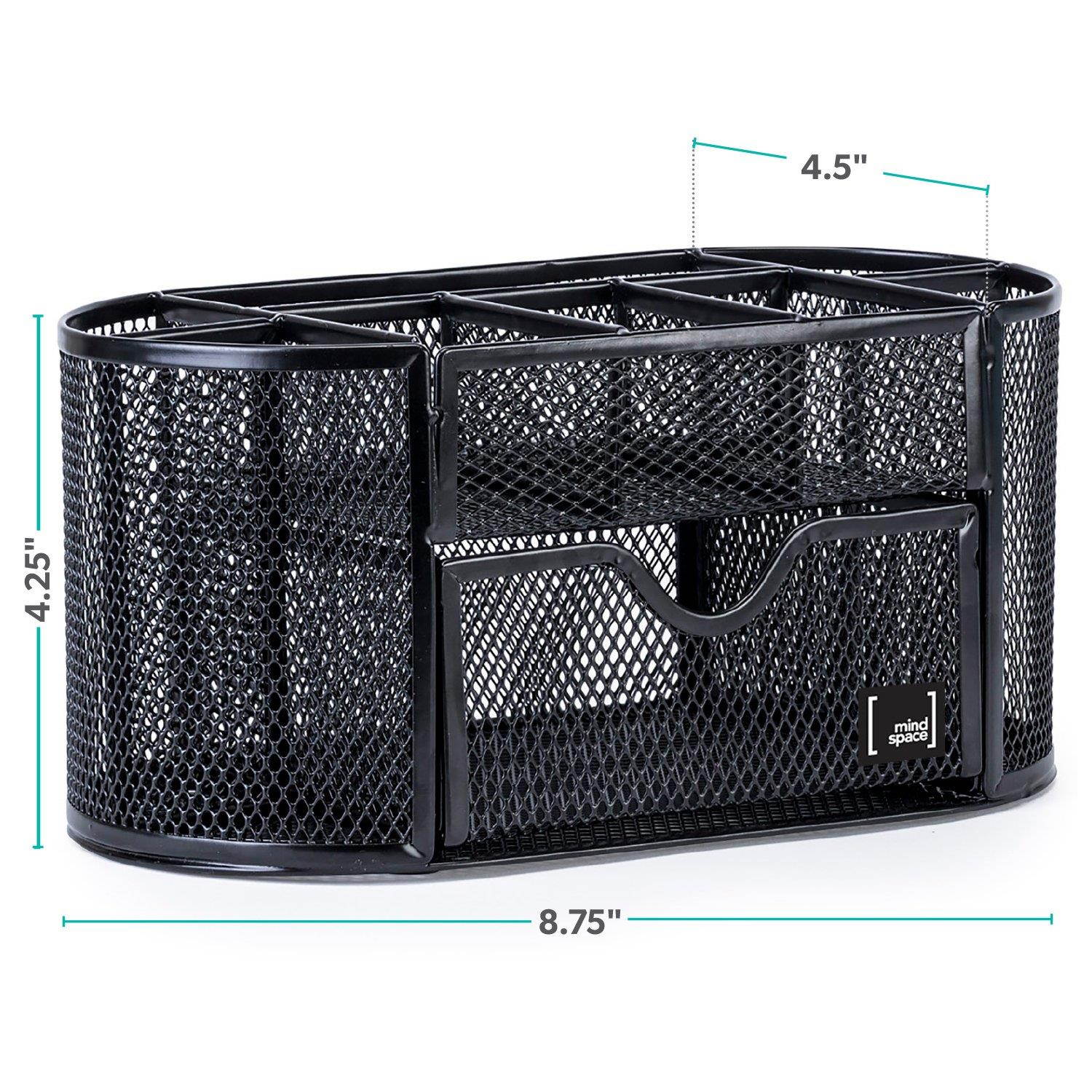 Pen Holder for Desk By Mindsapce with 8 Compartments + Drawer | The Mesh Collection, Black