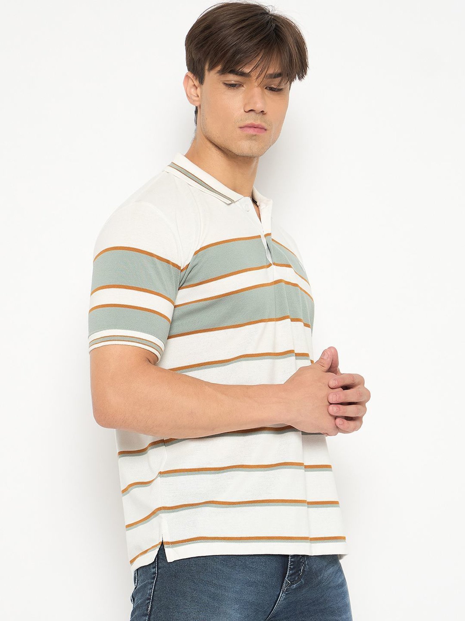 Duke White & Green Slim Fit Striped Polo T-Shirt