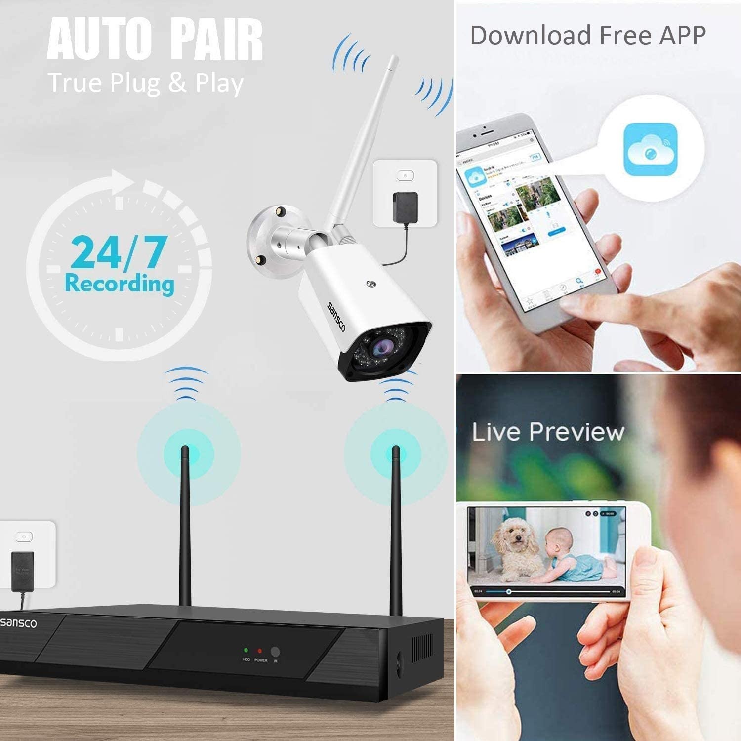 [Expandable, Audio] SANSCO 1080P Wireless Security Camera System, 8CH DVR 4Pcs 2MP HD CCTV WiFi Outdoor/Indoor Waterproof Camera with Mic, Night Vision, Motion Alert, Remote Access, No Hard Disk