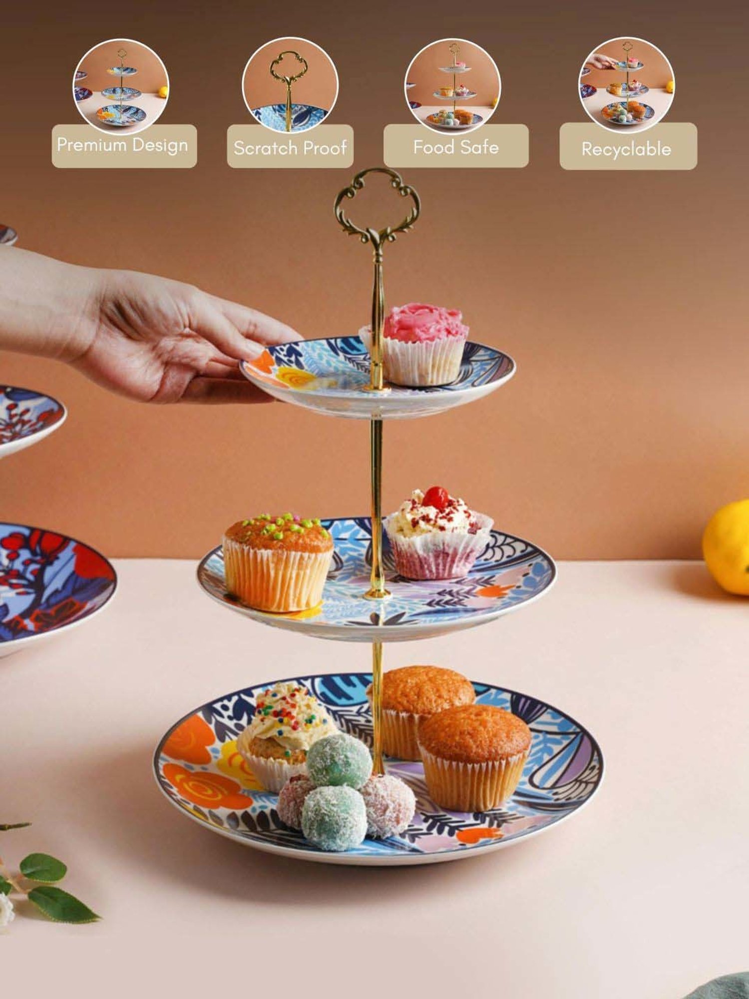 Nestasia Spring Printed Multicolor ceramic 3-Tier Dessert Display Stand for Serving cupcakes