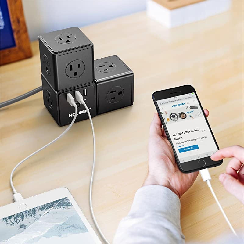 Power Cube Surge Protector 14 AC outlets 3 Smart USB Ports 5V24A and 6 Heavy Duty Extension Cord Black 3 Pack
