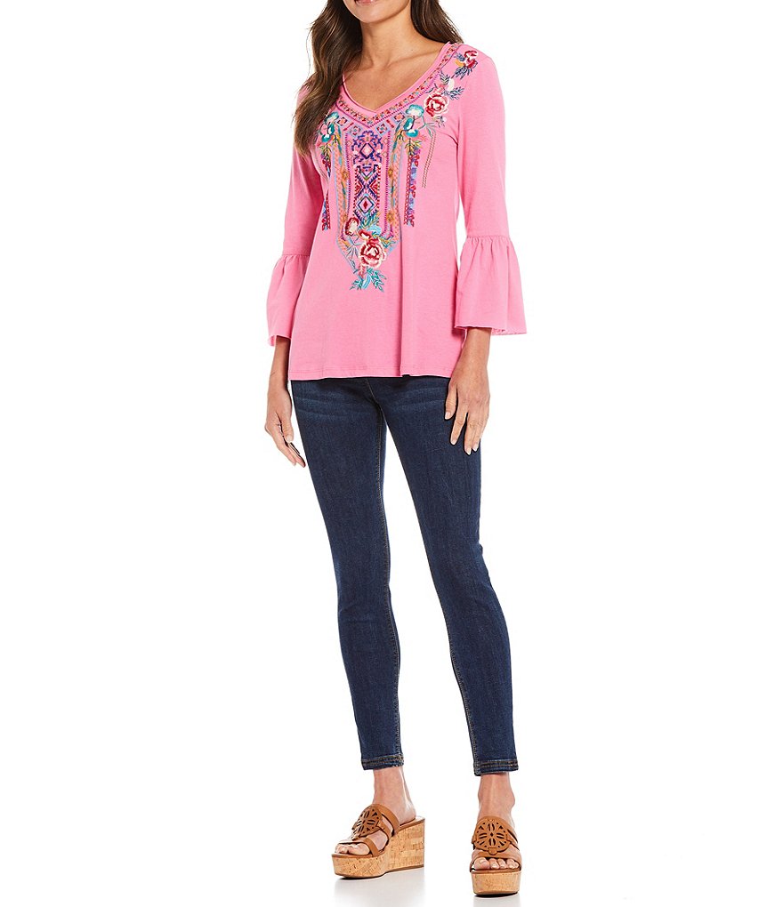 Calessa Knit Jersey Floral Embroidery 3/4 Bell Sleeve Shirt