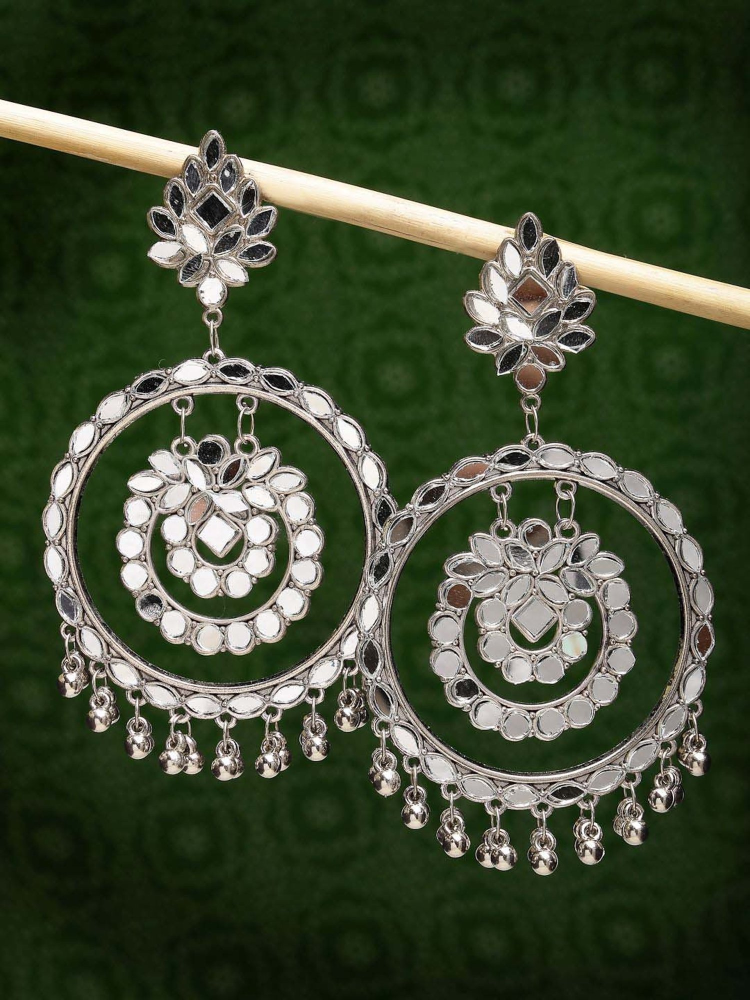NVR Silver-Toned Mirror Work Oxidized Contemporary Dangler Earrings for Women