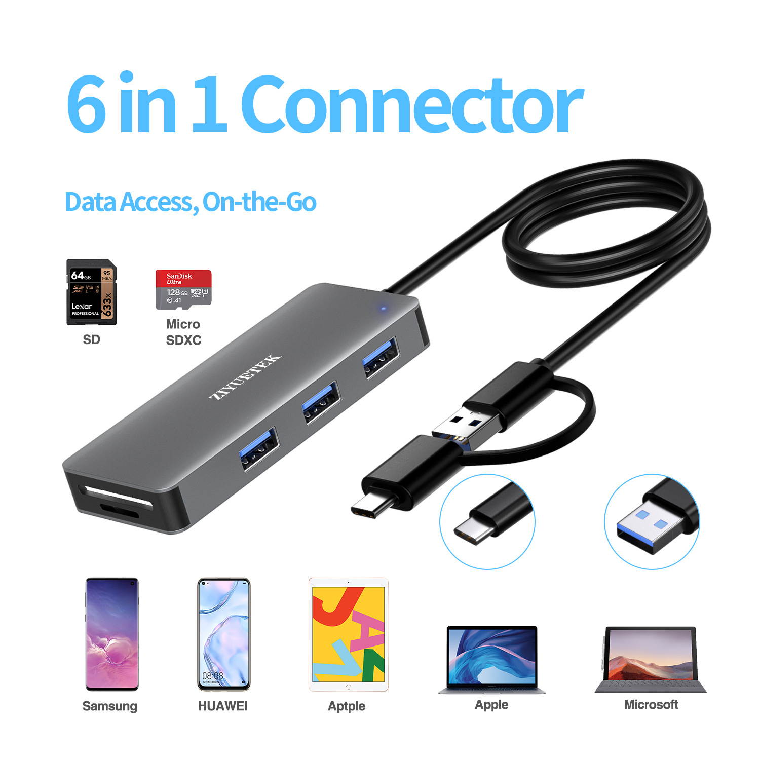 Gigbird USB C double head hub 6 in 1 USB 3.0 Ultra-Slim Data Hub with 5 foot , SD/TF Card Reader,suitable for MacBook, Mac Pro, Mac mini, iMac, XPS, laptops, USB flash drives, Mobile HDD, etc.(Black)