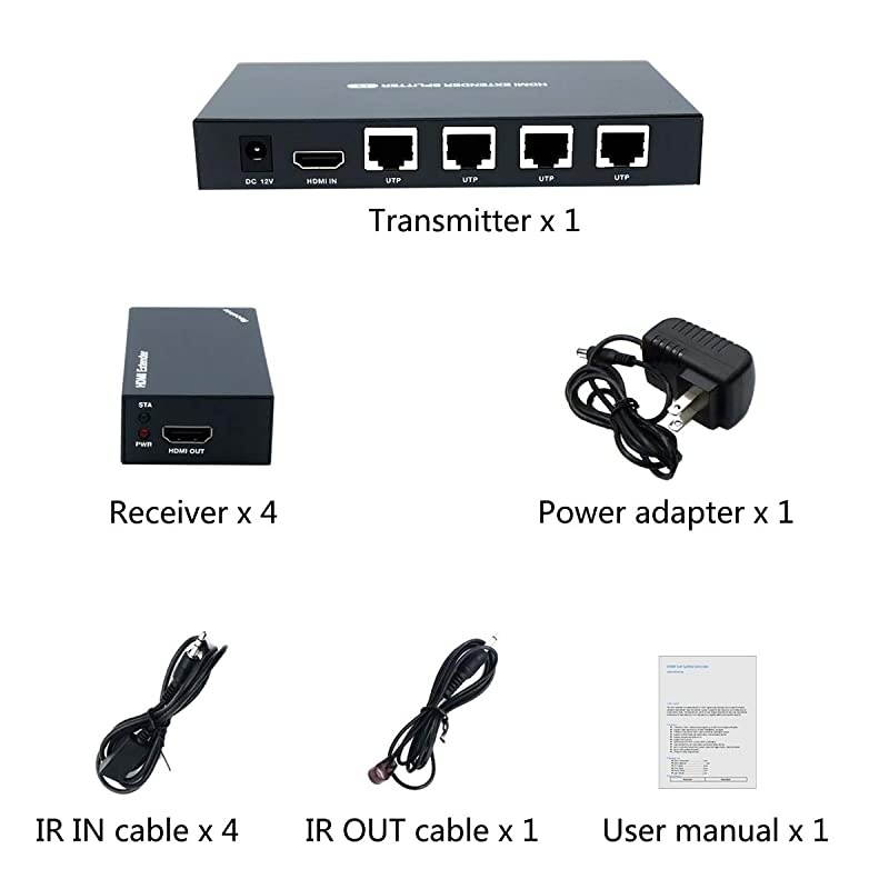 Extender Splitter with IR 1x4 1080P Over Ethernet Cable Cat 5E/6/7 Up to 50m (165ft) Support EDID Copy POC Function (1 in 4 Out)