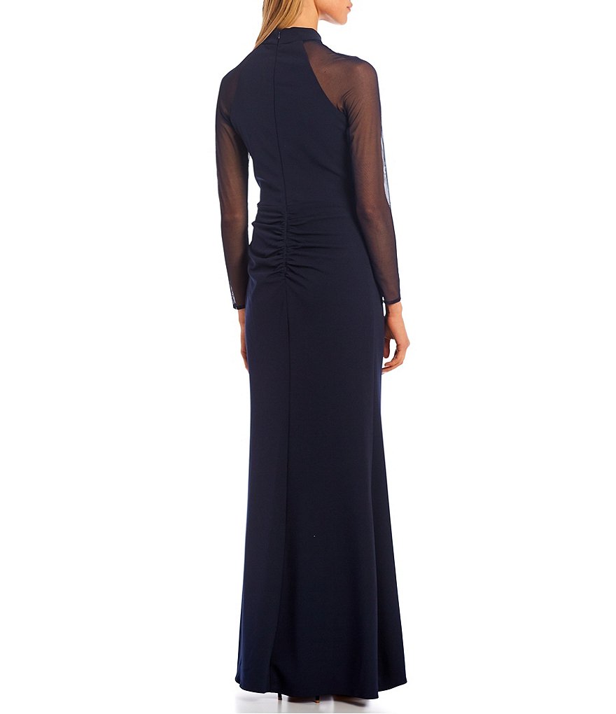 Betsy & Adam Mock Neck Long Illusion Sleeve Ruffle Slit Leg Stretch Gown
