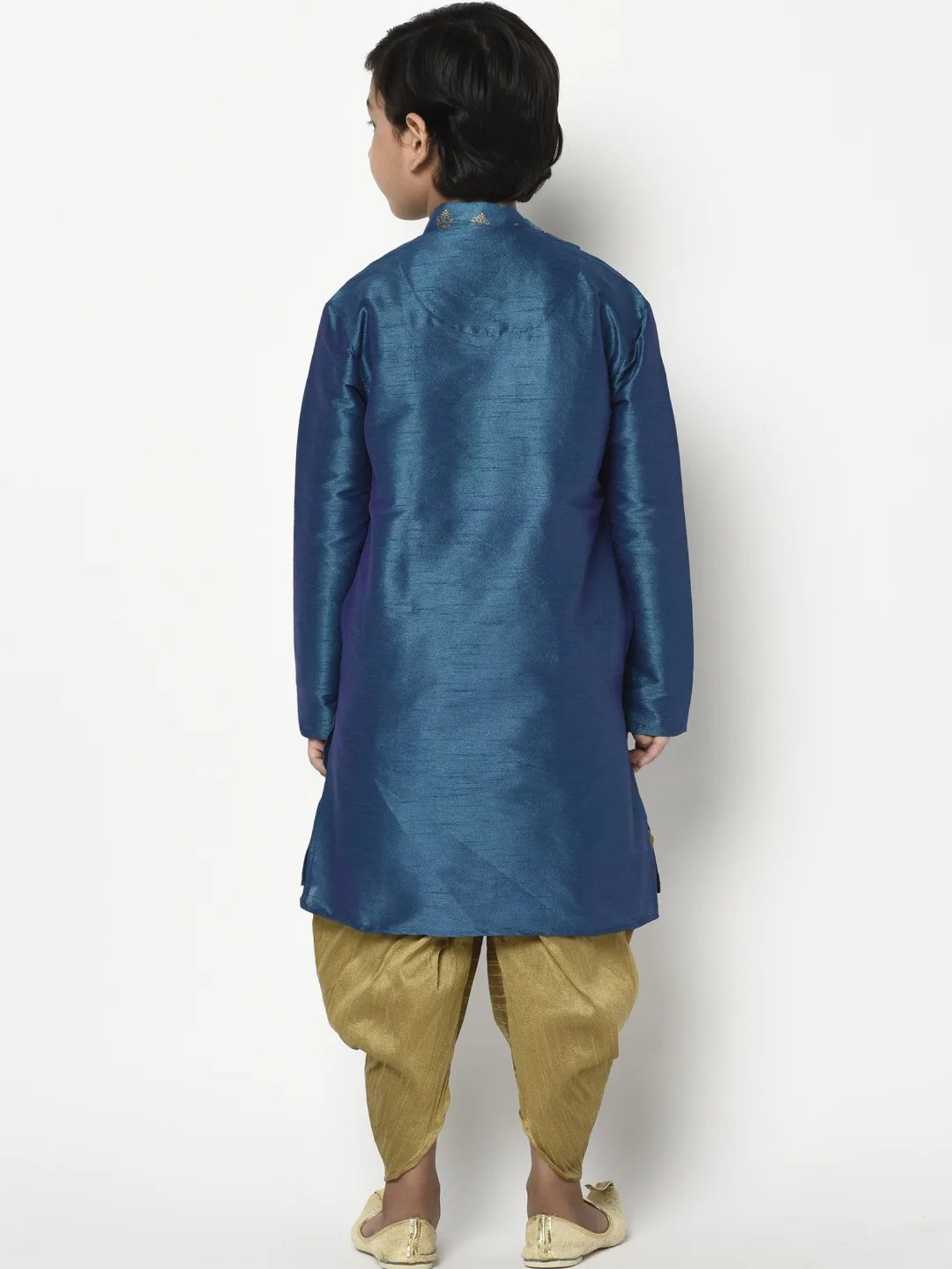 Deyann Kids Blue & Gold Self Design Full Sleeves Kurta with Dhoti