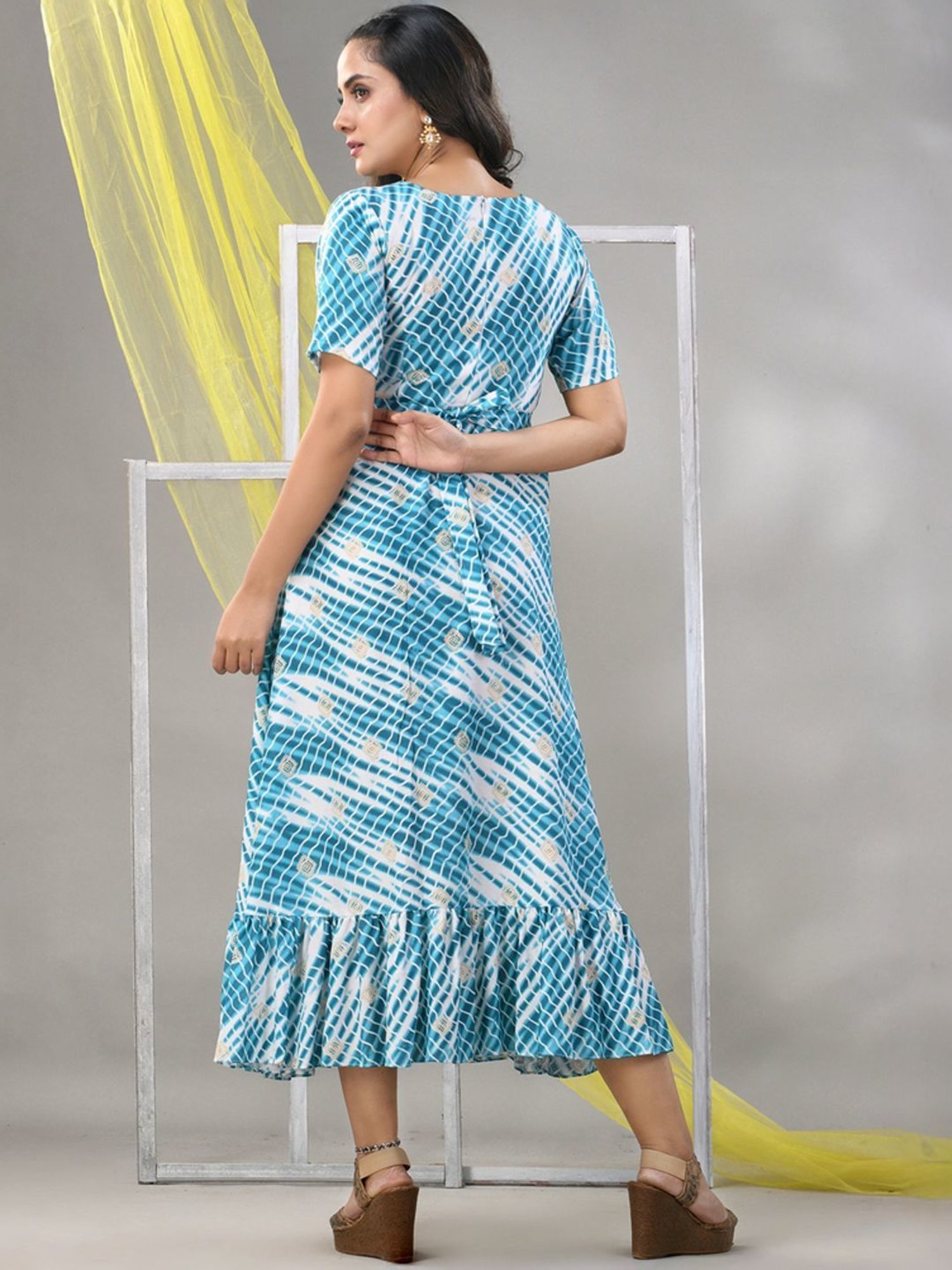 CHARUKRITI White & Cobalt Blue Printed A-Line Dress