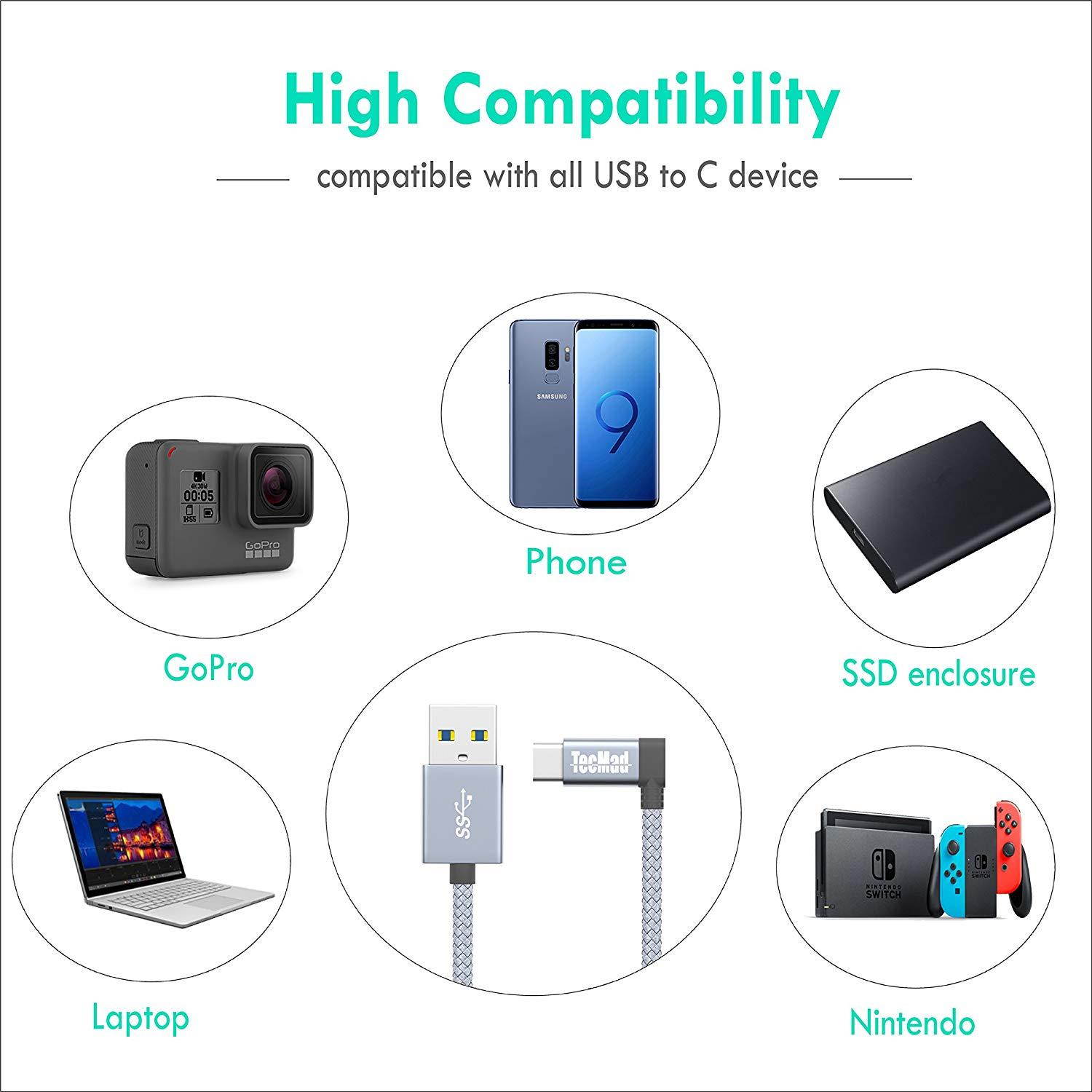 USB a to USB c Cable TecMad 90 Degree Plug Nylon Braided Type C to USB 3.0 Cable for New MacBook,Nexus 5X,Samsung s9 s8 Note 9,LG V30 V20 G6 G5,Hero 6/5,DJI Mavic Pro Drone and More-0.8ft/0.25m Grey