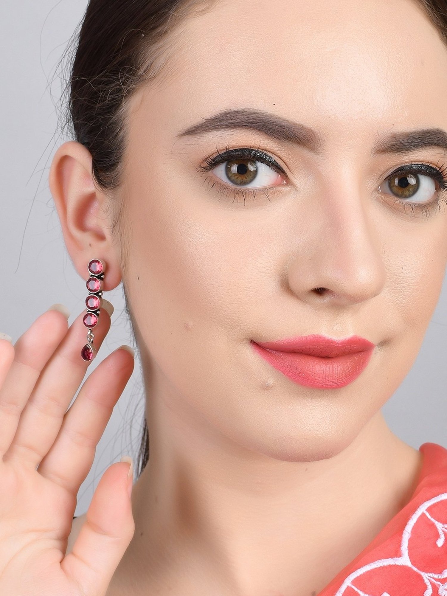 Imli Street Pink Silver Tone Stone-Studded Handcrafted Dangler Earrings