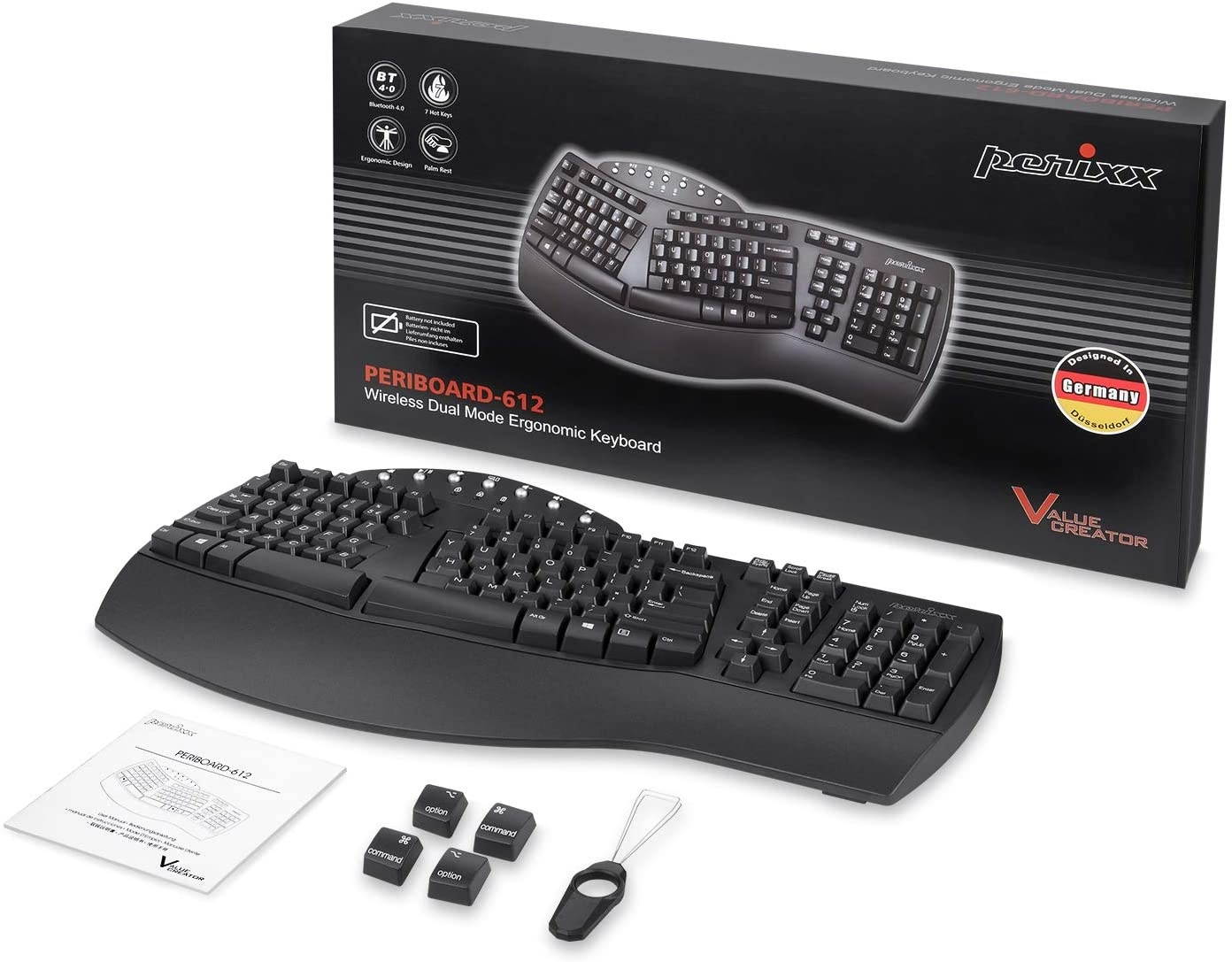 Perixx Periboard-612 Wireless Ergonomic Split Keyboard with Dual Mode 2.4G and Bluetooth Feature, Compatible with Windows 10 and Mac OS X System, Black, US English Layout