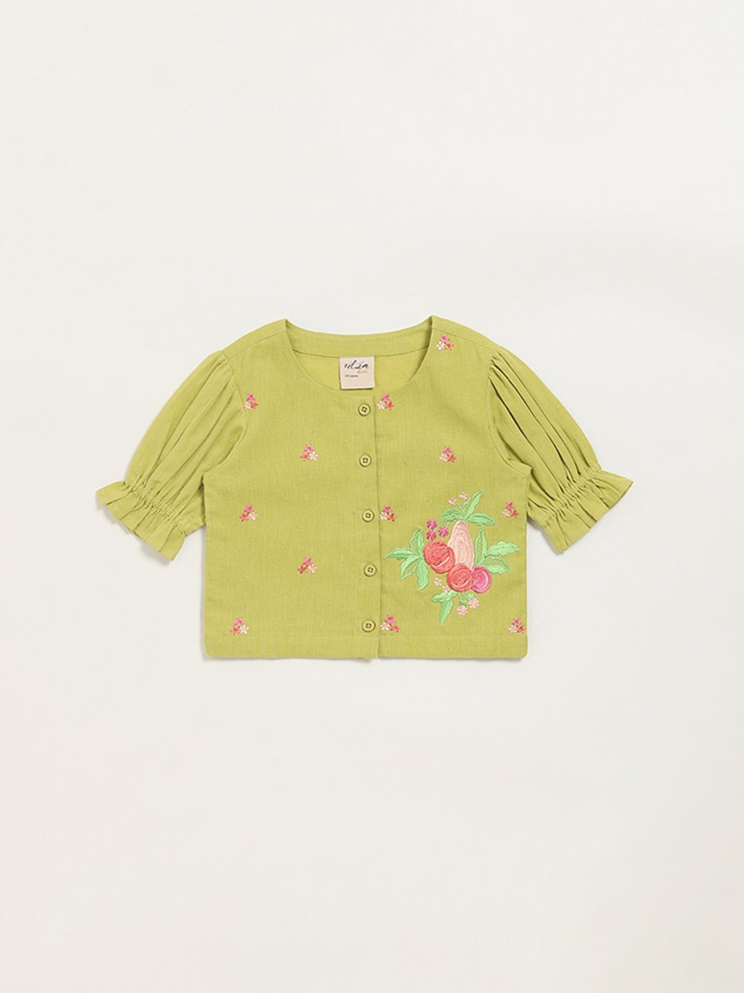 Utsa Kids by Westside Green Button-Up Floral Cotton Blend Top