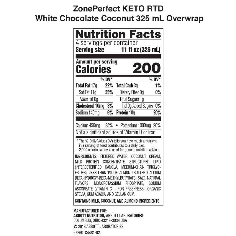 ZonePerfect Keto Nutrition Shake - White Chocolate Coconut - 4ct/11 fl oz