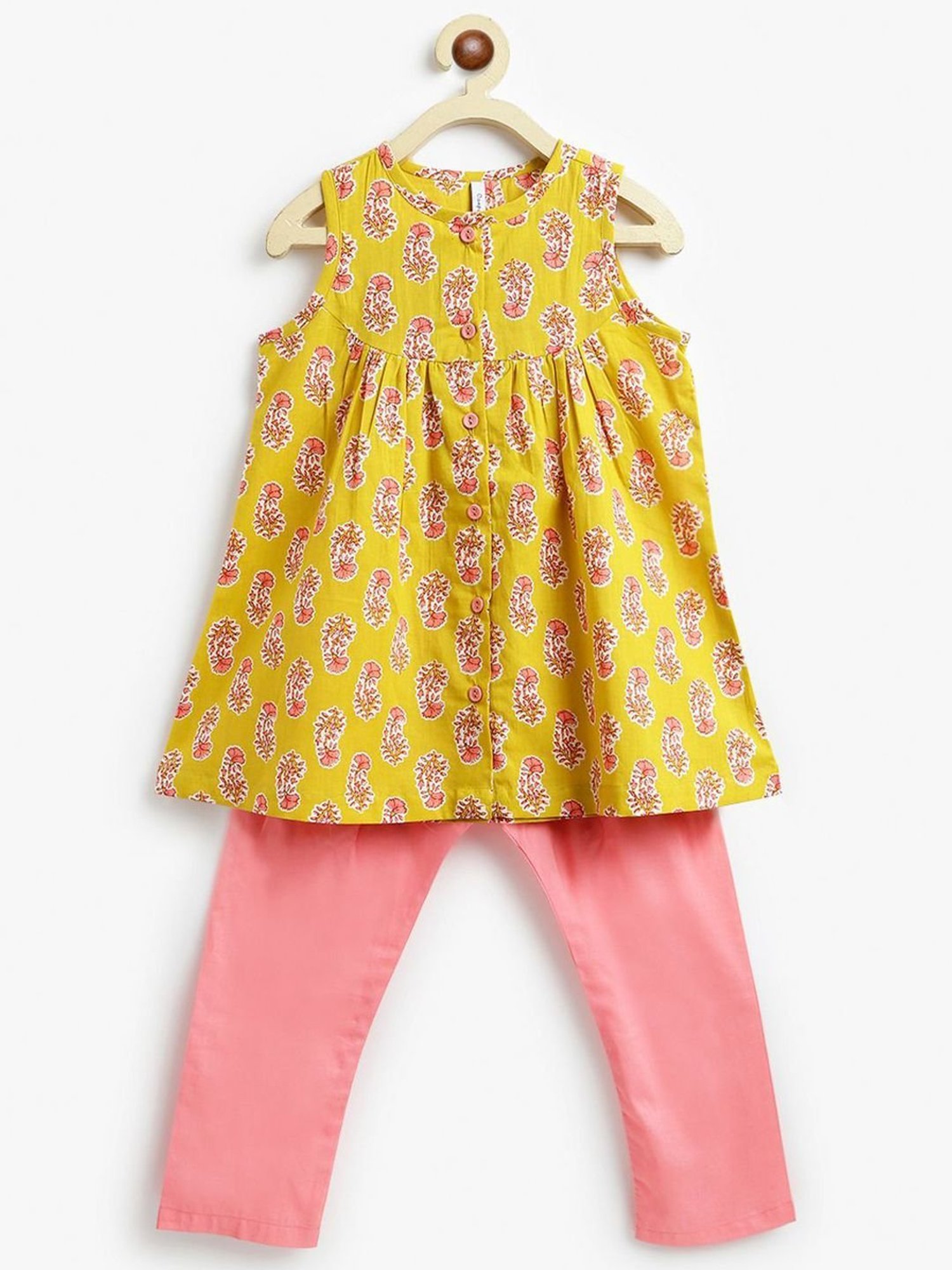 Campana Kids Yellow & Peach Cotton Floral Print Kurta Set