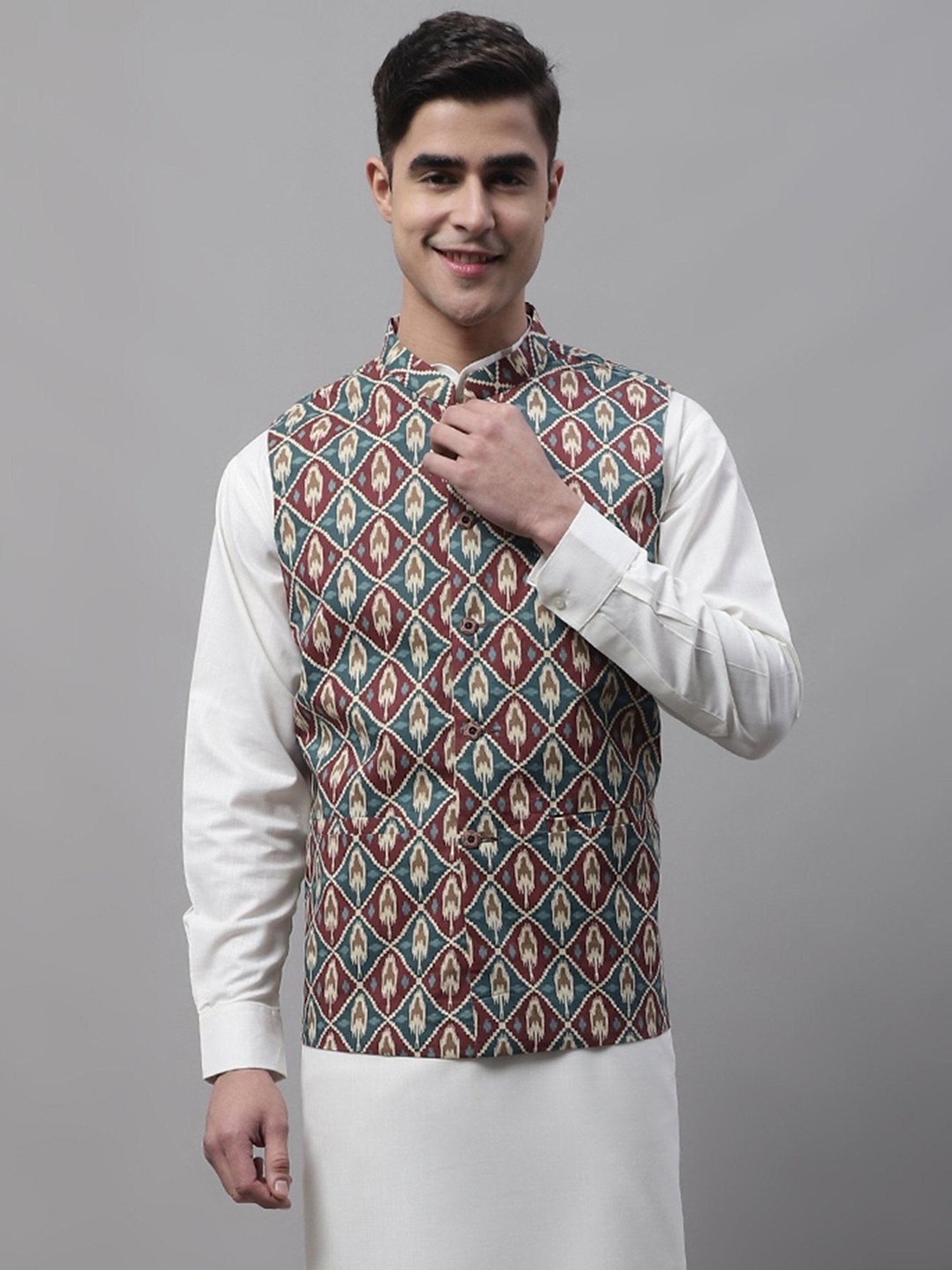Jompers Teal & Red Regular Fit Printed Nehru Jackets