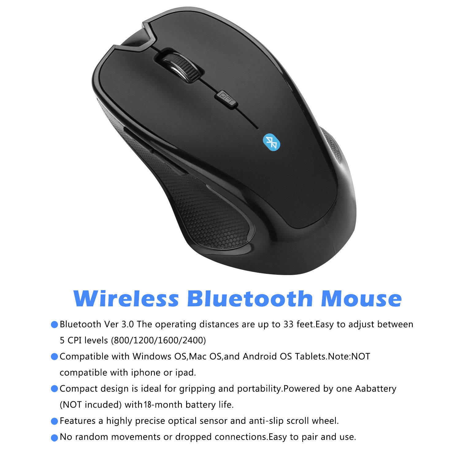 Bluetooth Wireless Mouse Optical Mice for PC Mac Android OS Tablets Black