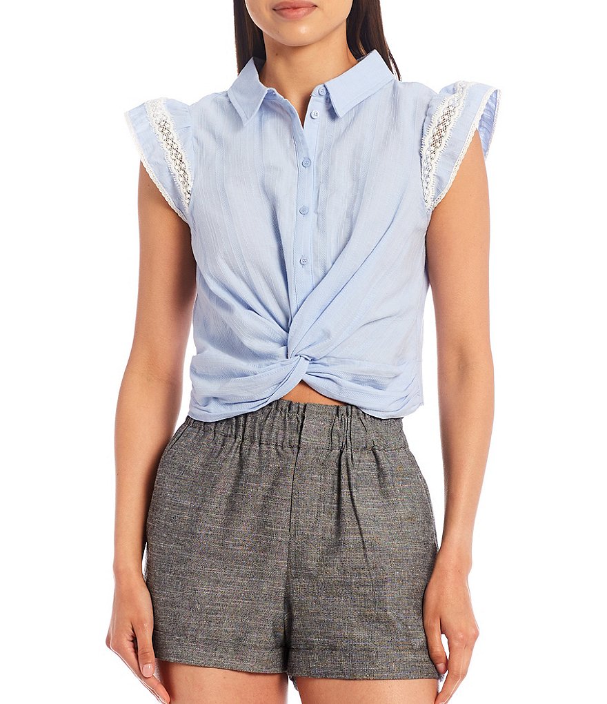 Shabby Chic Waverly Point Collar Lace Trim Ruffle Cap Sleeves Button Down Twist Front Hem Top