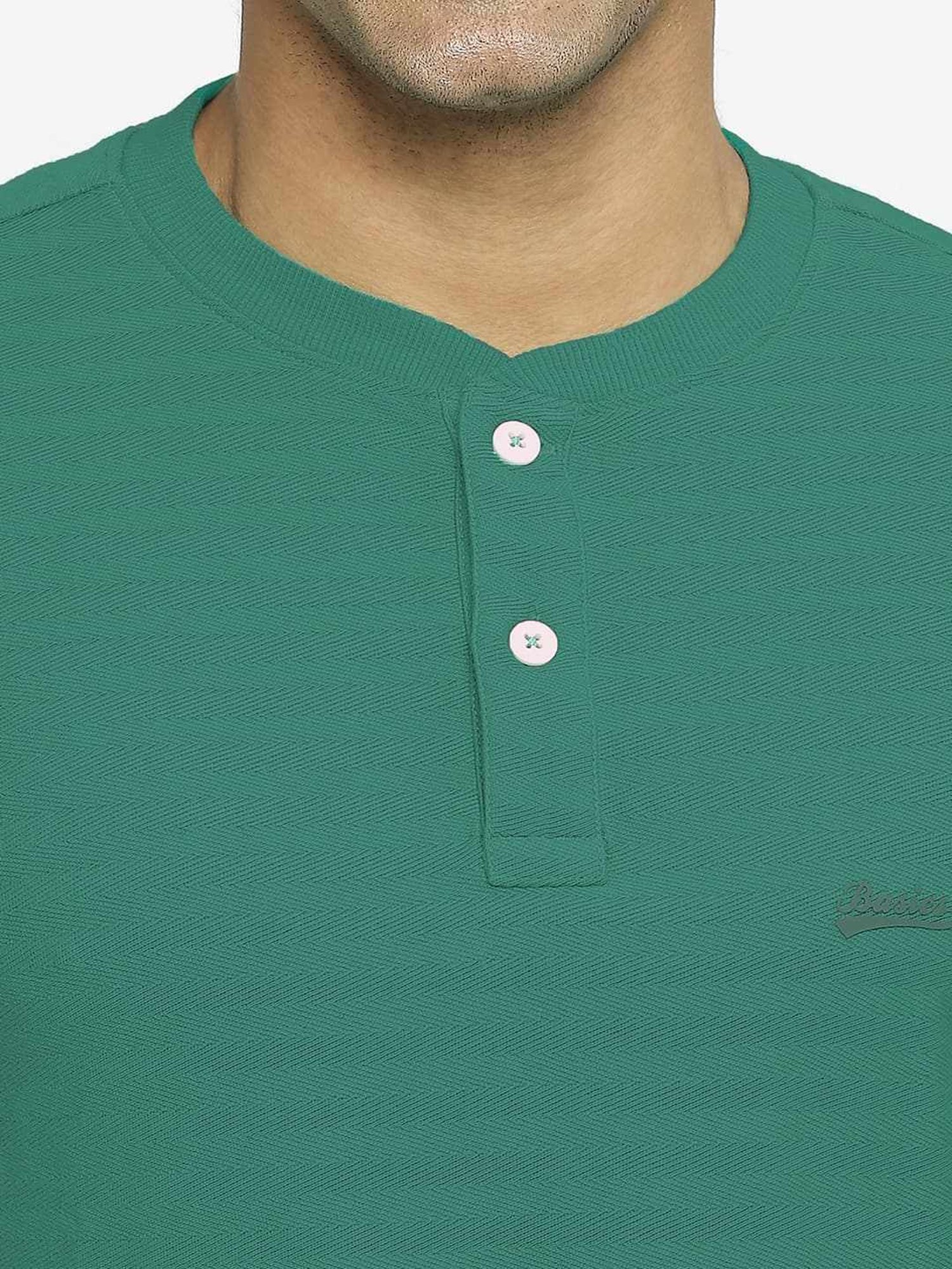 Basics Green Cotton Muscle Fit Henley T-Shirt