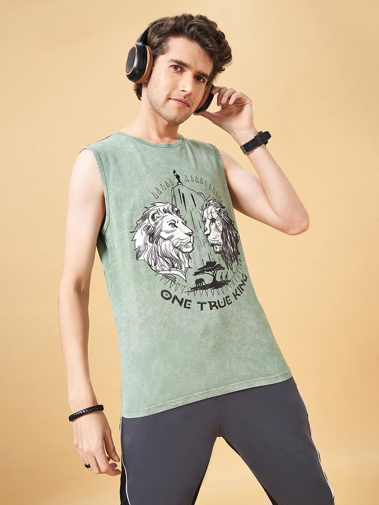 SF Jeans by Pantaloons Frosty Green Cotton Regular Fit Printed Vest