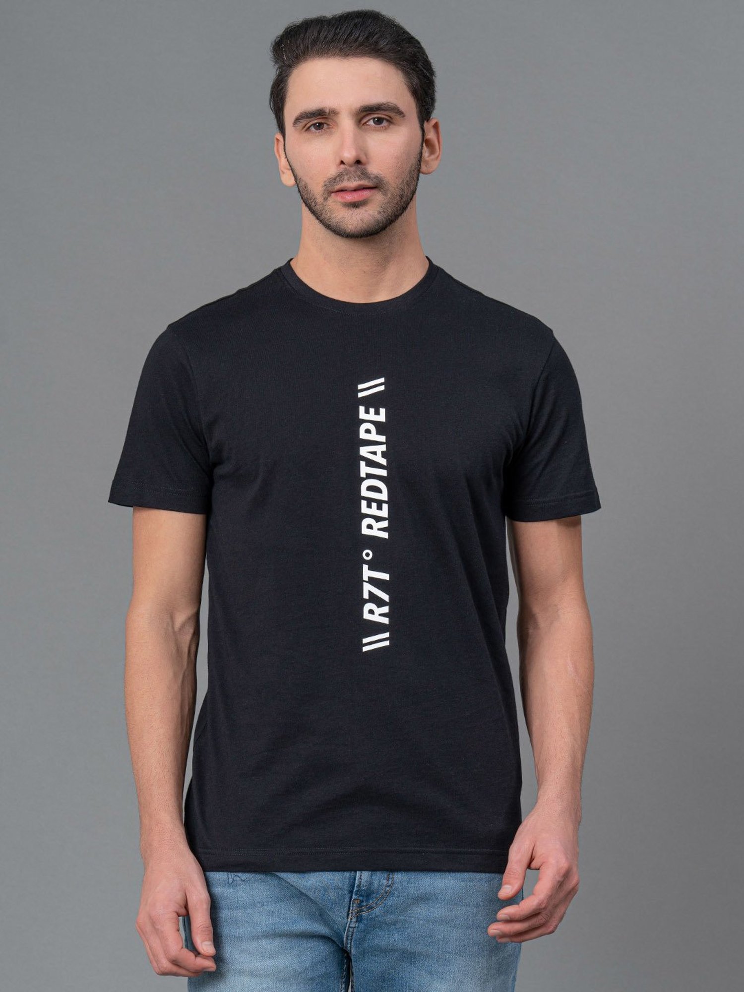Red Tape Black Regular Fit Graphic Print Cotton Crew T-Shirt