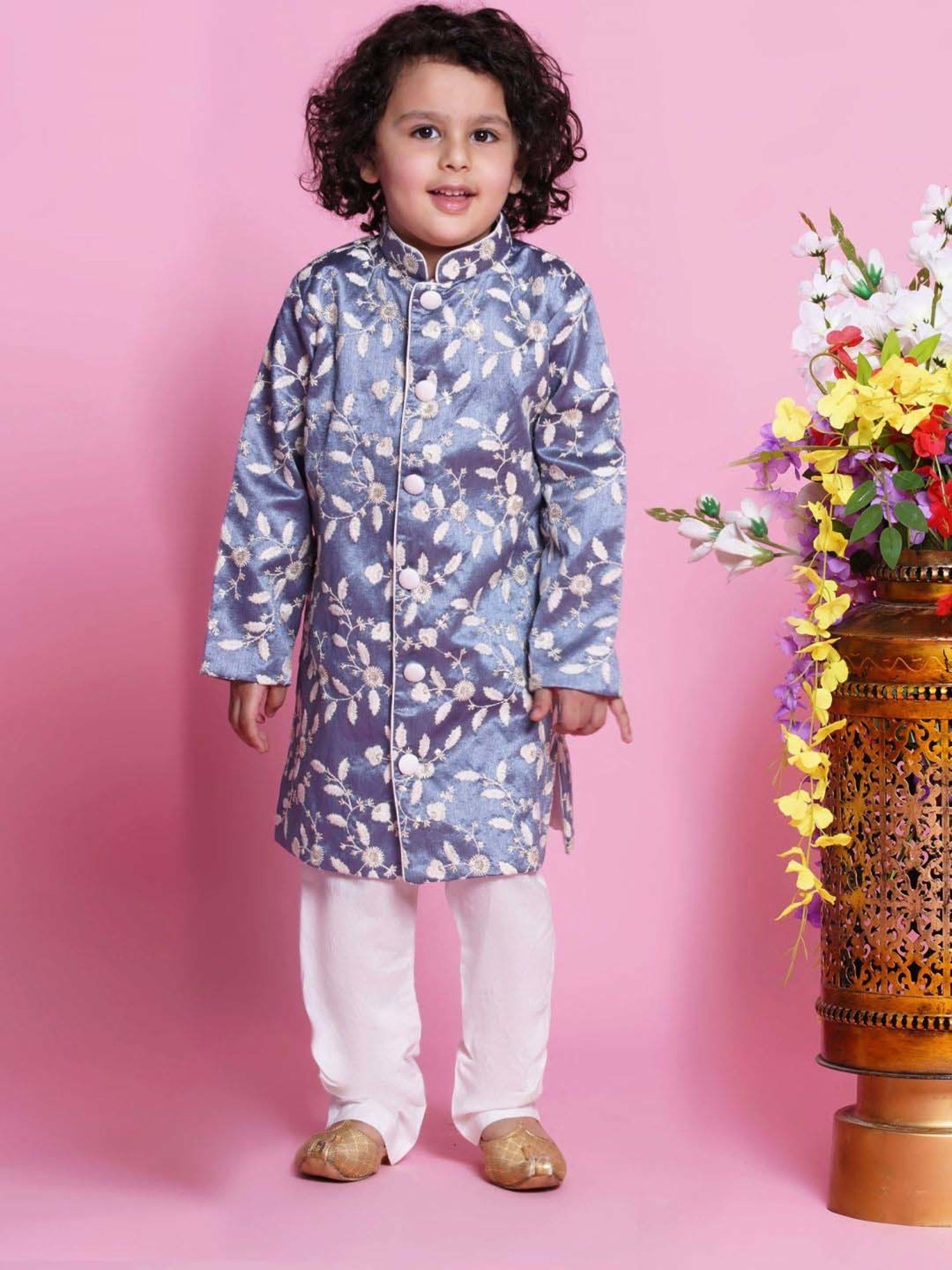 Little Bansi Boys Grey & White Embroidery Full Sleeves Kurta Set