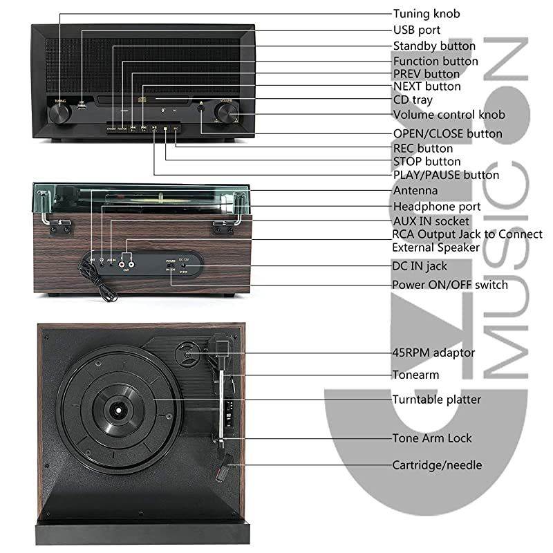 Turntable Music Center with Builtin Stereo SpeakersNostalgic Classic Wood Bluetooth Record Player with USB PlayampEncodingCD Player and FM Radio